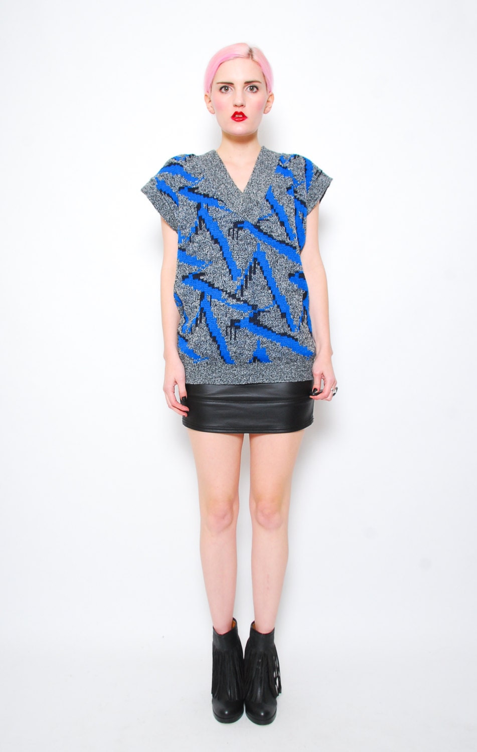 SALE 80s Abstract Slouchy New Wave Cap Sleeve Sweater  - 1980s V Neck Knit Top Jumper  - Blue // Black - S M