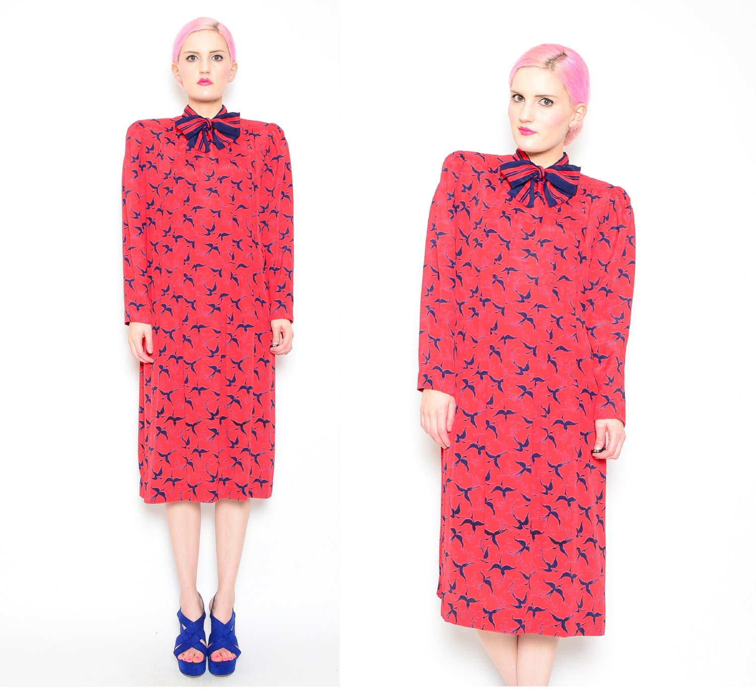 70s Red Bird Print Secretary Dress - 1970s Bow Tie Pleated Column Dress - Red // Navy - S M 4 6 8