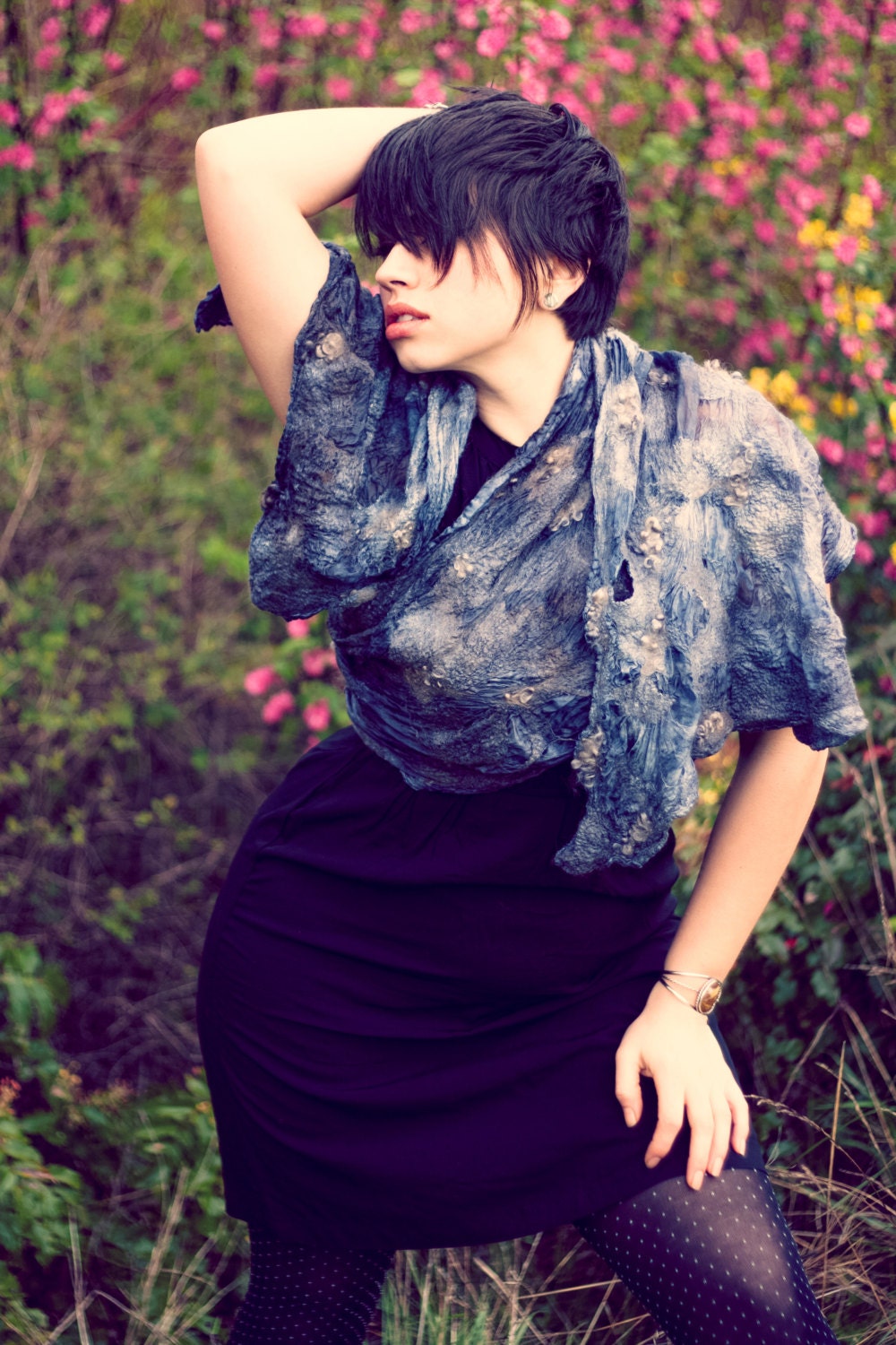 Nuno felted asymmetrical scarf, artisan, hand dyed by Parvana, charcoal