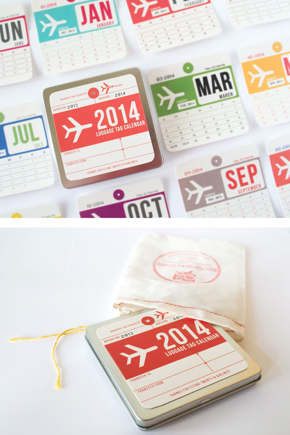 2014 Calendar, wall calendar inspired by vintage airline baggage tags, cute 2014 calendar