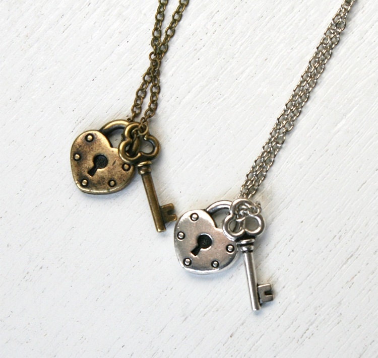 Open Your Heart - Key and Lock Necklace (Antique Silver or Antique Brass)