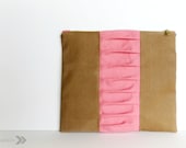 20% OFF SALE - Vegan Leather and Coral Linen Clutch - Foldover Clutch - Ruffle Clutch - Organic Brass Zipper