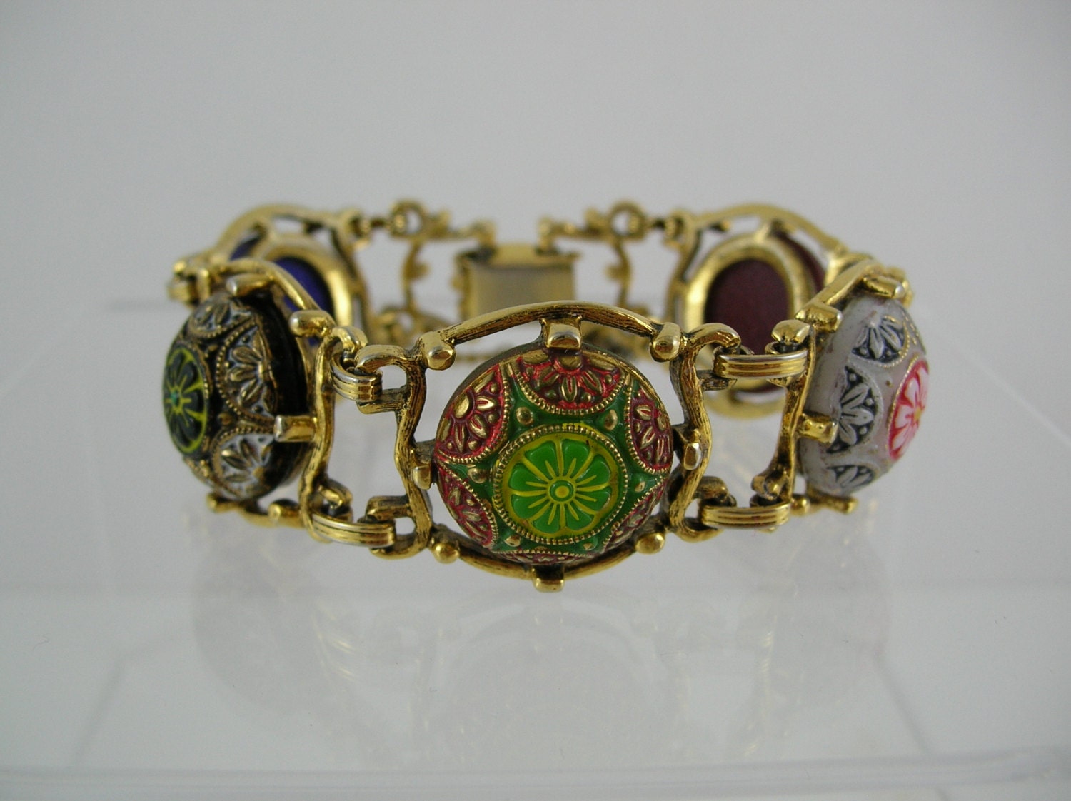 Vintage Juliana Bracelet Moroccan Matrix 1970s 70s Tribal Ethnic Mosaic Painted Glass Cabochon Celebrity Delizza & Elster Cuff Mod Retro D E