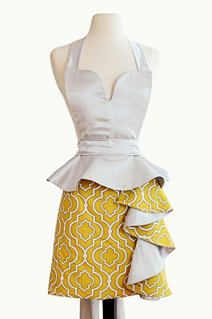 Deborah Peplum Apron - Grey and Yellow Print