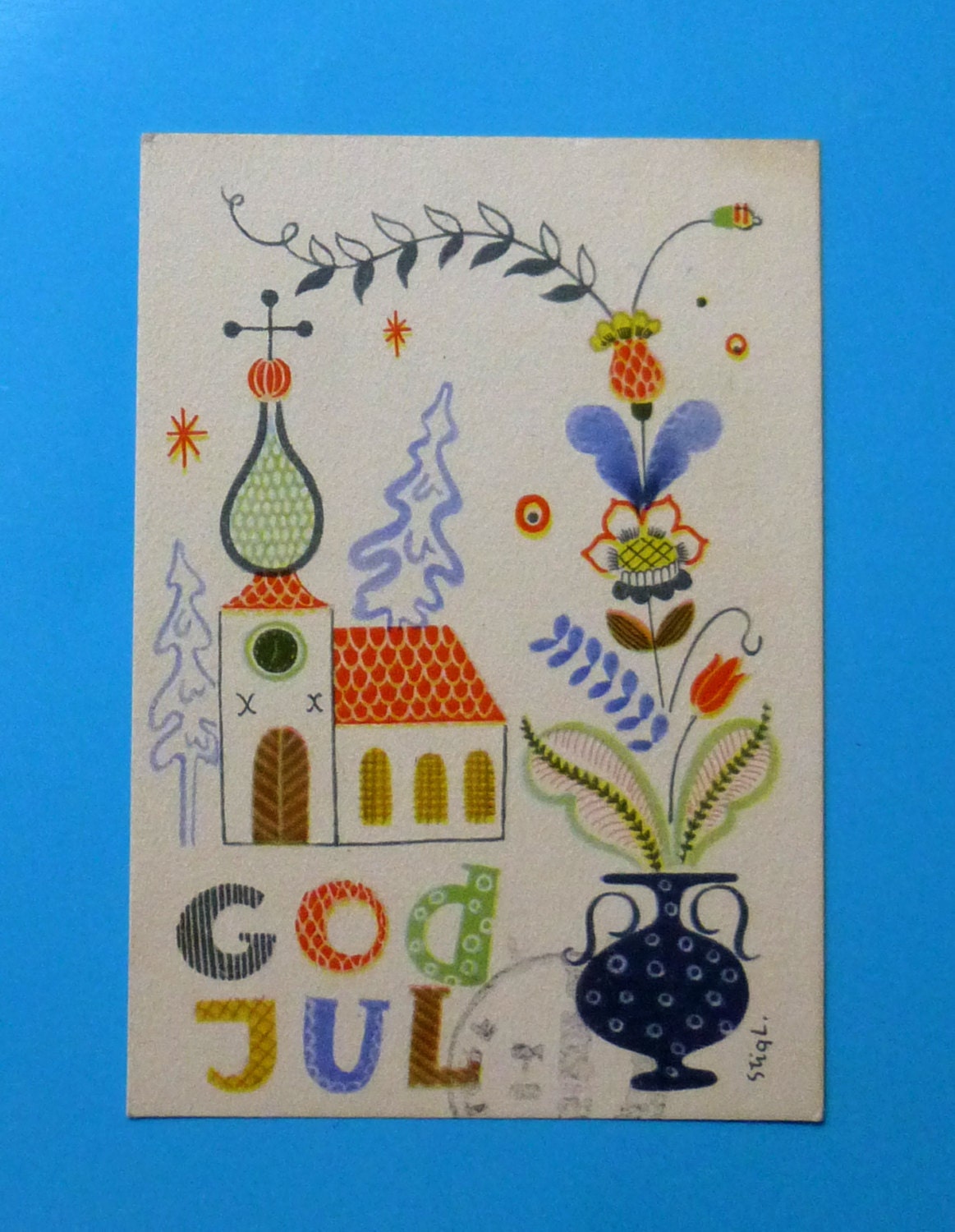 Stig Lindberg - Merry Christmas Miniature Postcard - Sweden - God Jul