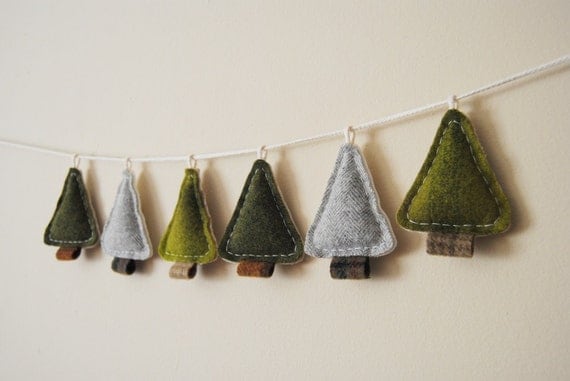 Earth Day - Renewable Wool Tree Garland - Primitive Pine Home Decor - Cabin Art