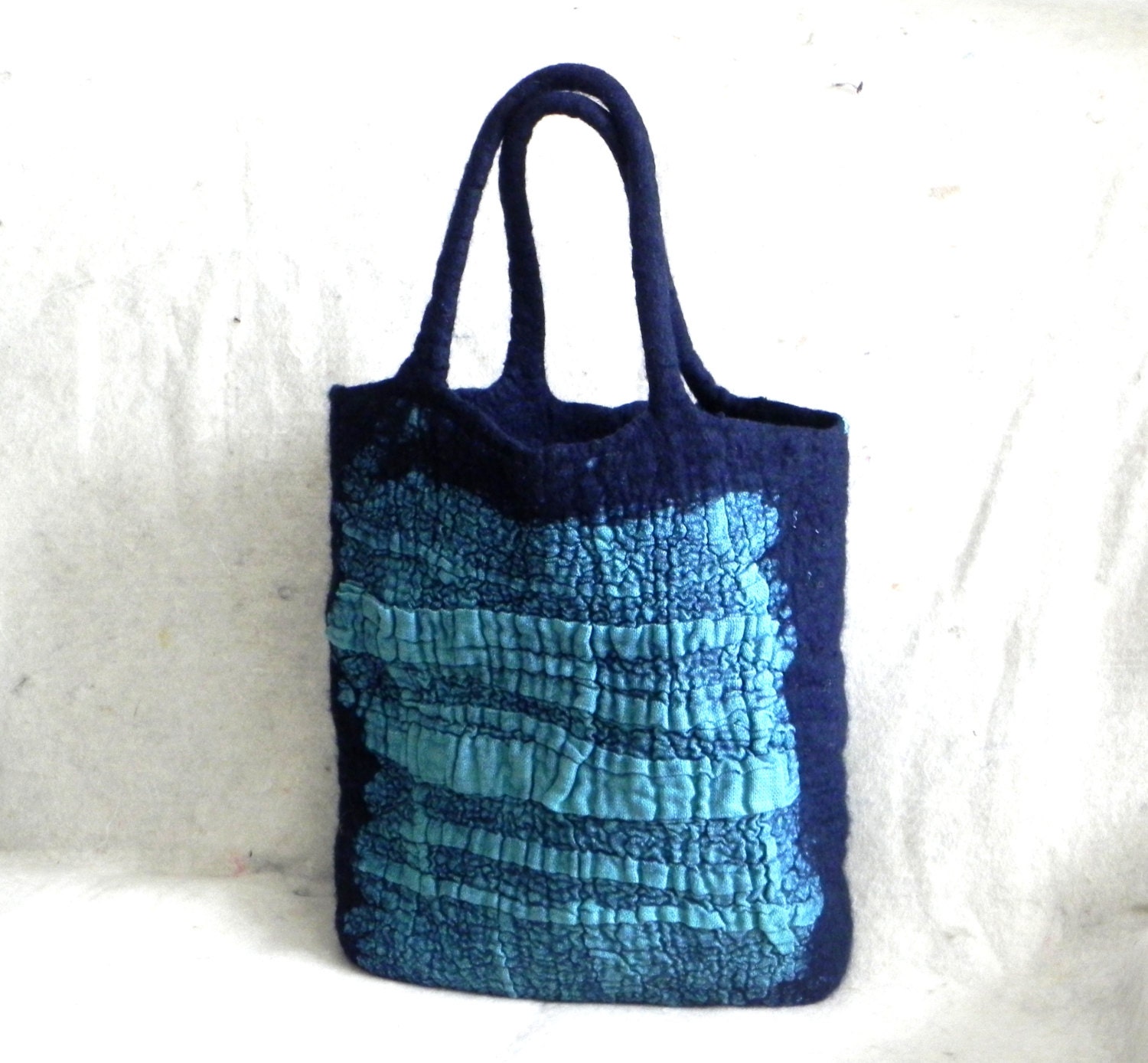 Felt handbag Blue color from Wool and linen decor original comfortable Women Accessory Ready for shipping