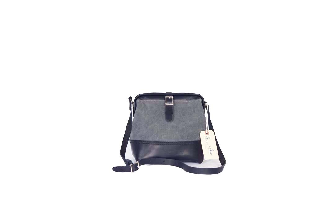 Archie charcoal gray canvas and black leather frame bag
