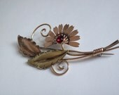 Antique sterling brooch Van Dell gold filled 1940s ruby red rhinestone center free shipping to USA