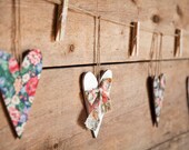 WOODEN BOW HEARTS - Wooden Heart with Floral Bows Ornaments White Rustic Distressed wood Vintage Woodland Wedding decoration decor