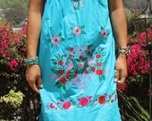 Vintage Mexican Hand Embroidered Dress Lovely Flower Basket and Romantic Birds