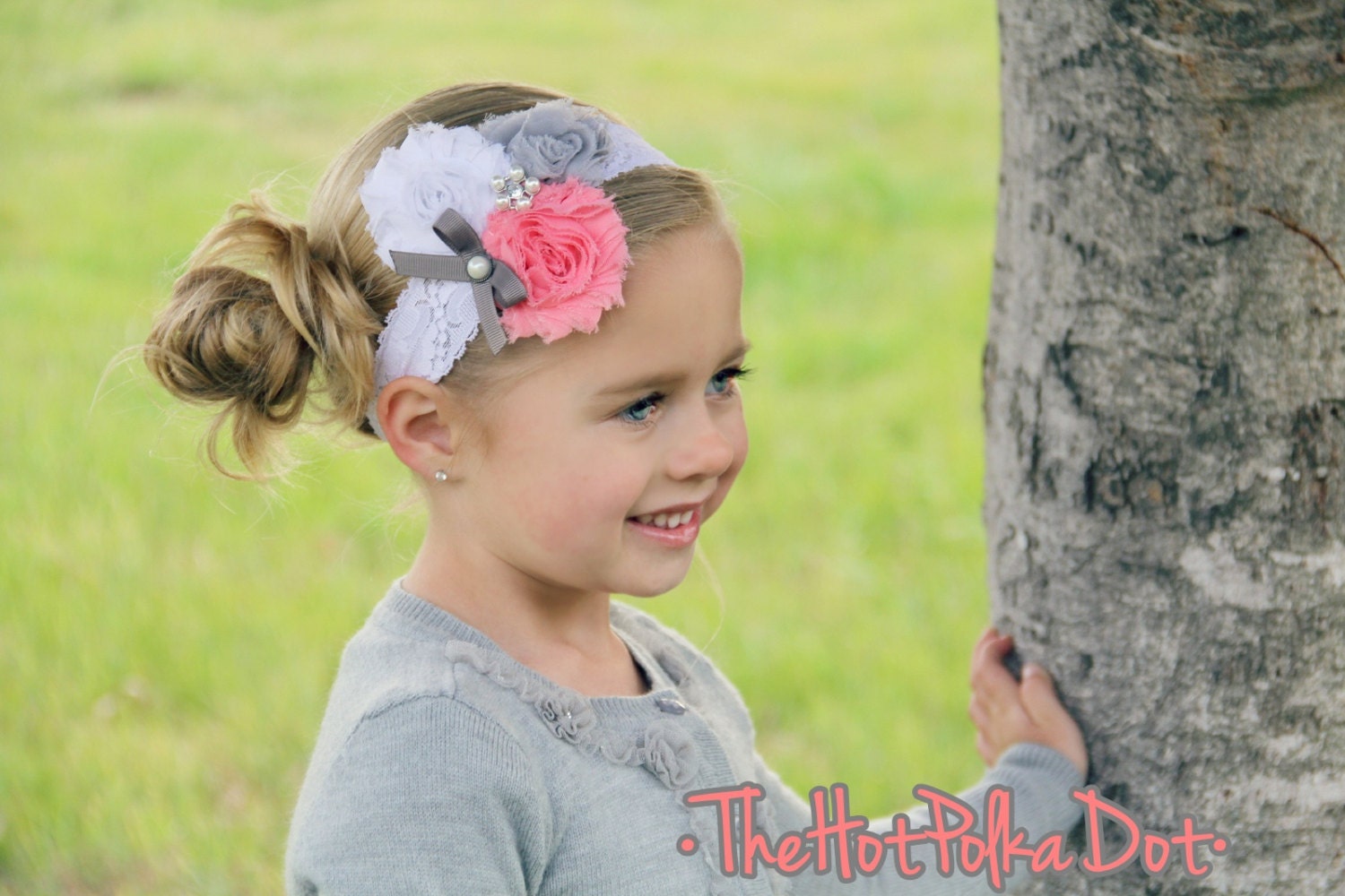 NEW Coral Gray and White Shabby Chic Triple Flower on White Lace Headband / Beautiful Rhinestone- Spring Headband