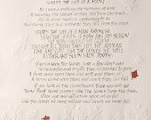 The Life Of A Man- Calligraphy,  Remembrance, Bereavement, personalised, life and death, leaves, copper, Embossing, white on white.