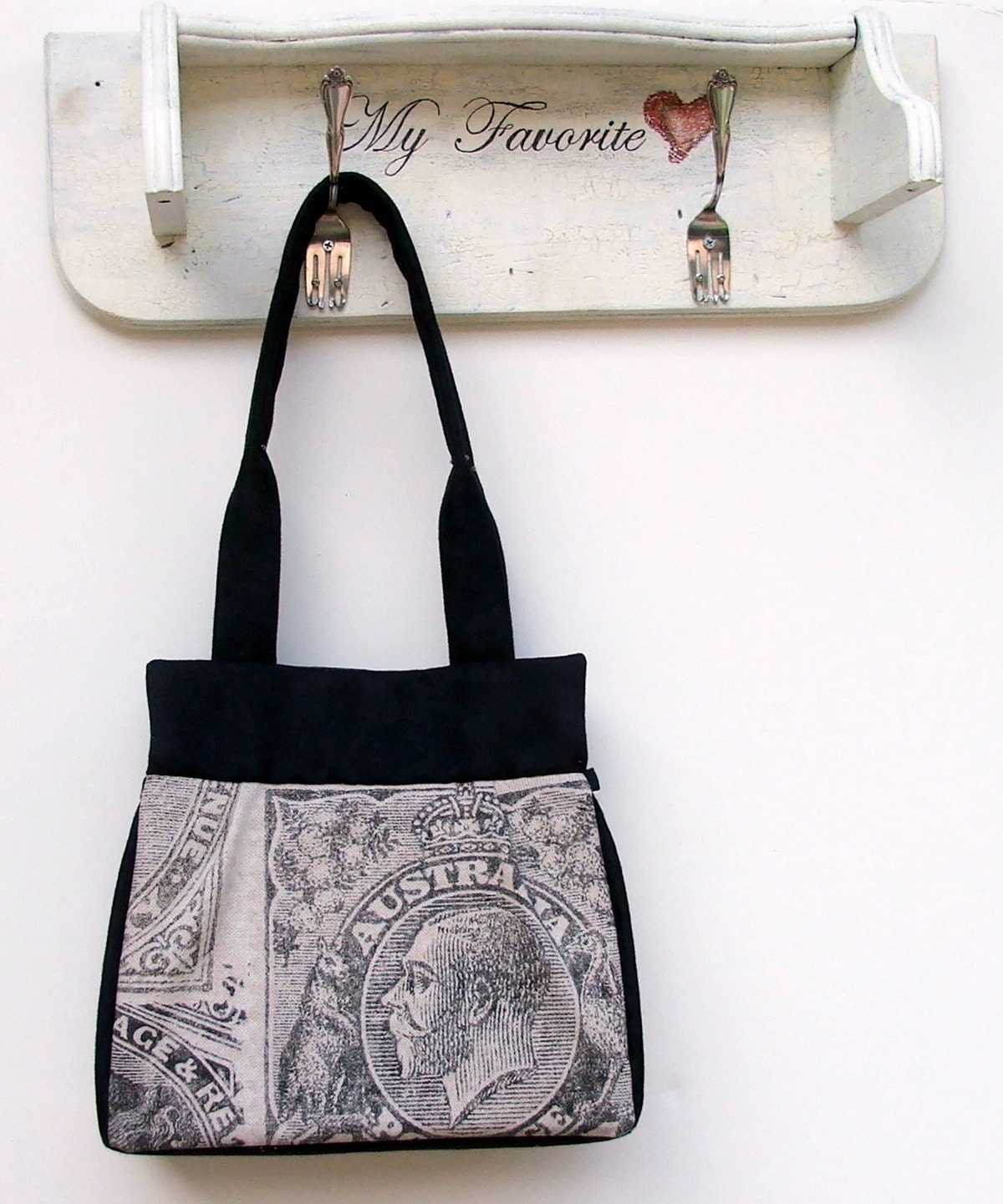Neutral Color Tote Bag in Australian Postal Stamp Print - Silver Black Tan - Dressy & Casual Fronts - by Victorien Von Pippenpuppen