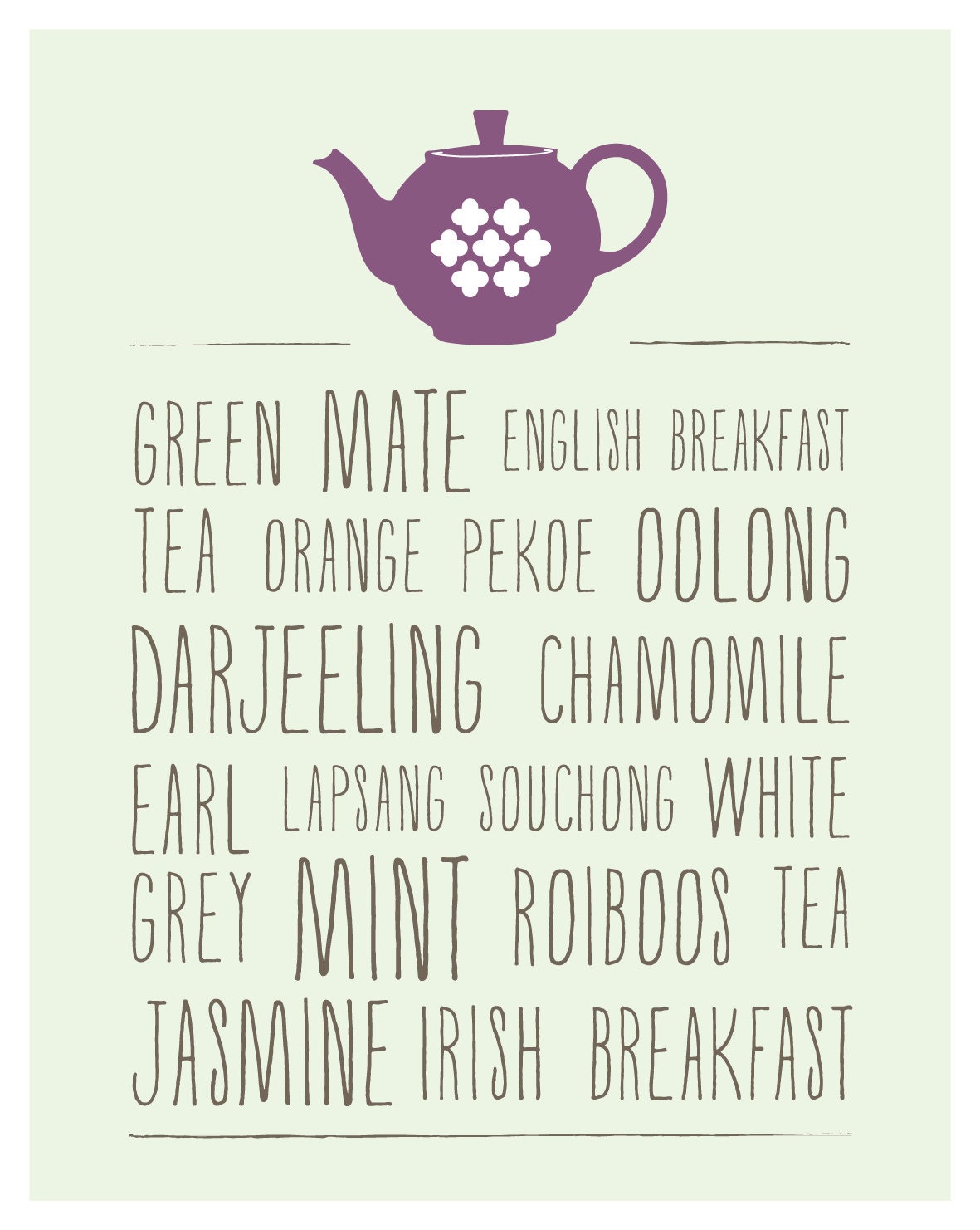 TEA print, tea types, kitchen art typography print, mint green: 11x14