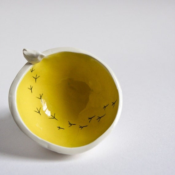 small cearamic bowl, white and yellow TWEET BOWL, spring summer kitchen and home decor, modern minimalist pottery handmade in Ireland