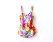 Vintage neon floral swimsuit one piece hawaiian style skirted