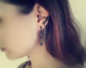 Victorian Bronze Earrings With Purple Amethysts, Chains And Ear Cuff