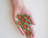 Flower Applique, Crochet Two Layered Flowers, Dimensional Embellishment, Pale Spring Green & Juicy Orange, Multi Colored, Set of 7