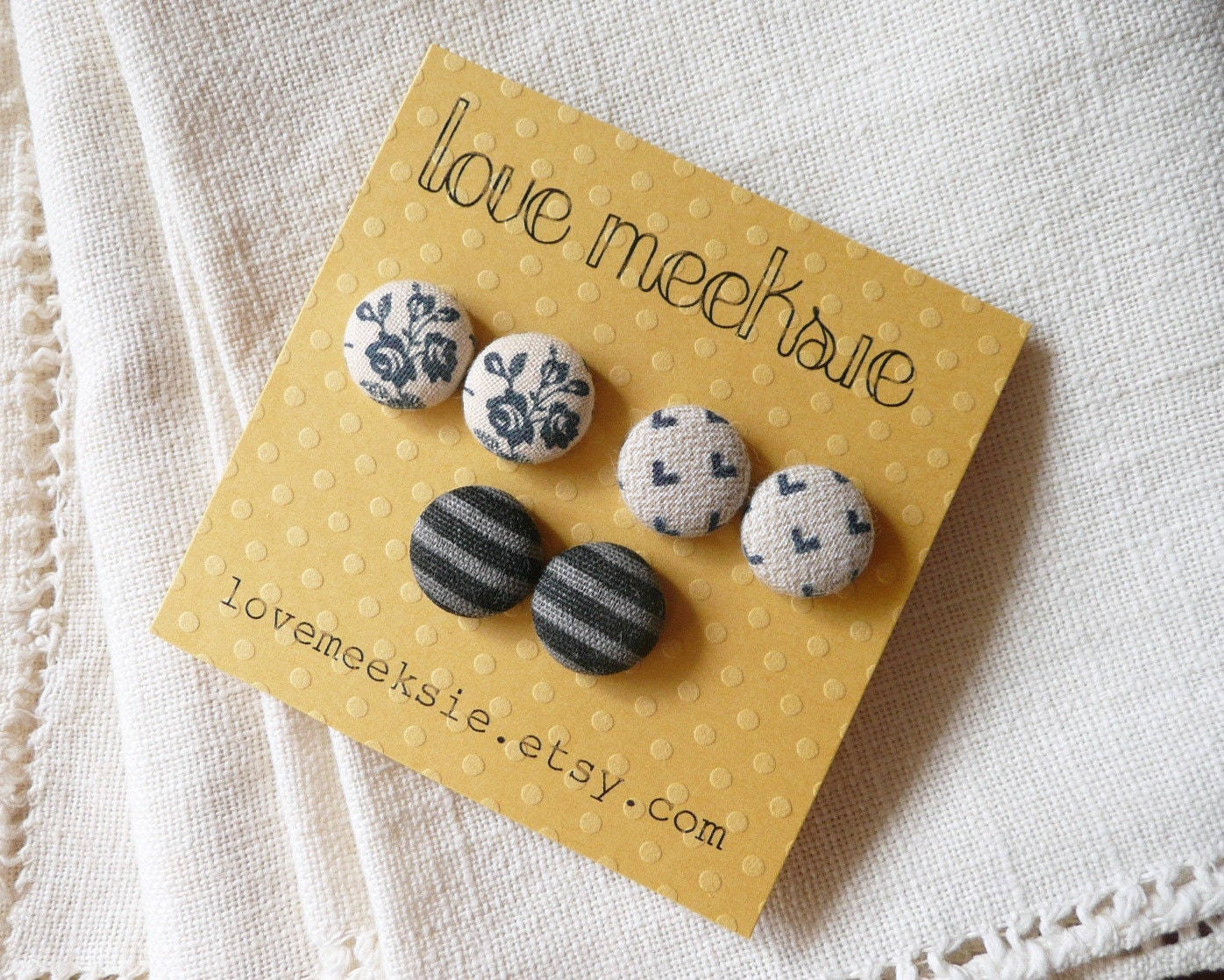 love whispers, fabric button earrings - roses, mini hearts, & stripes studs set of 3 - small
