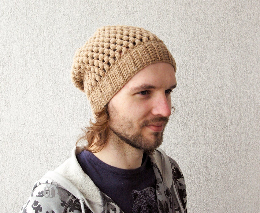 Mens Unisex Crochet baggy Hat slouch hat  guys slouchy beanie - beige