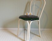 Vintage Metal Cafe Chair - Chippy White Paint with Cushioned Wooden Seat - Retro Ice Cream Parlor Stool
