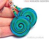 Blue and Green Swirl Earrings, Free Shipping, 2-sided Medium size 3cm Ø, gift for her under 20 (C6)