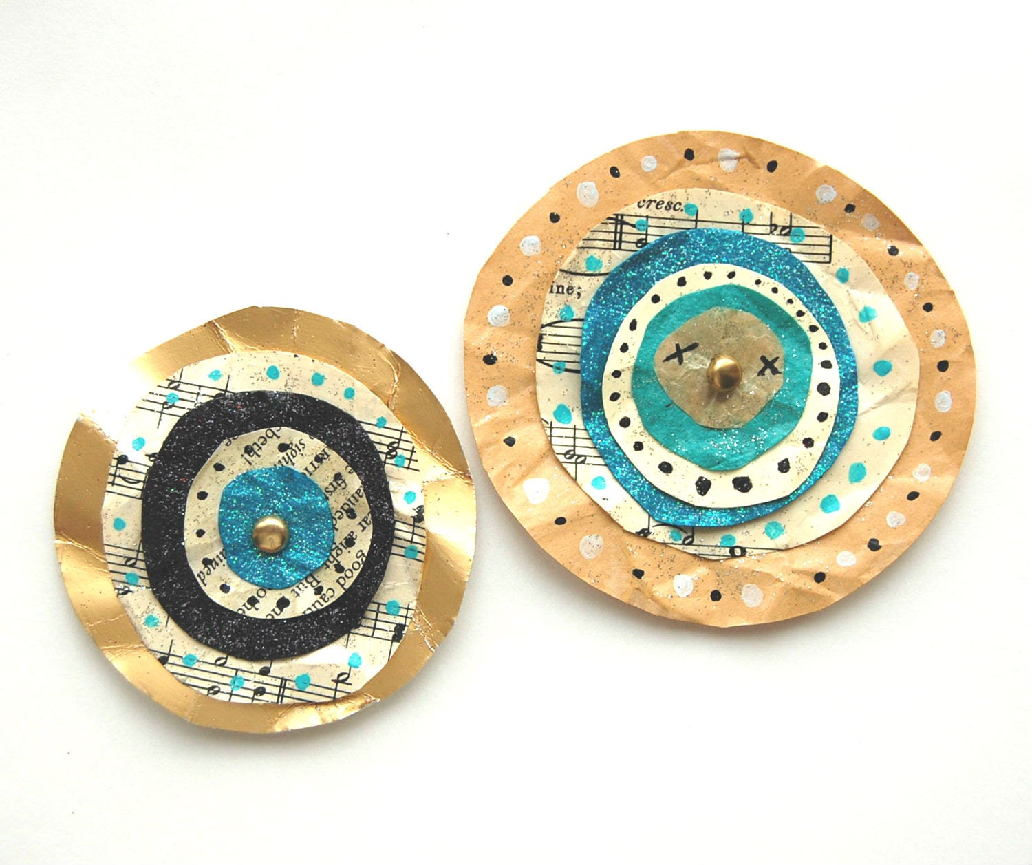 Elegant blue and gold glitter 3D paper flower magnets, mixed media design