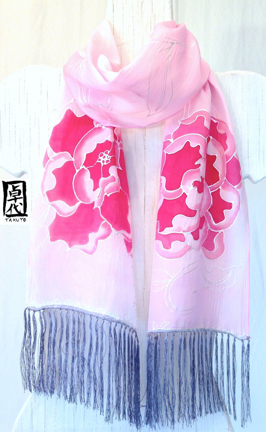 Hand Painted Silk Scarf. Pink Silk Scarf, Japanese Peonies Scarf with gray fringes. 8x50 in. Made to order.
