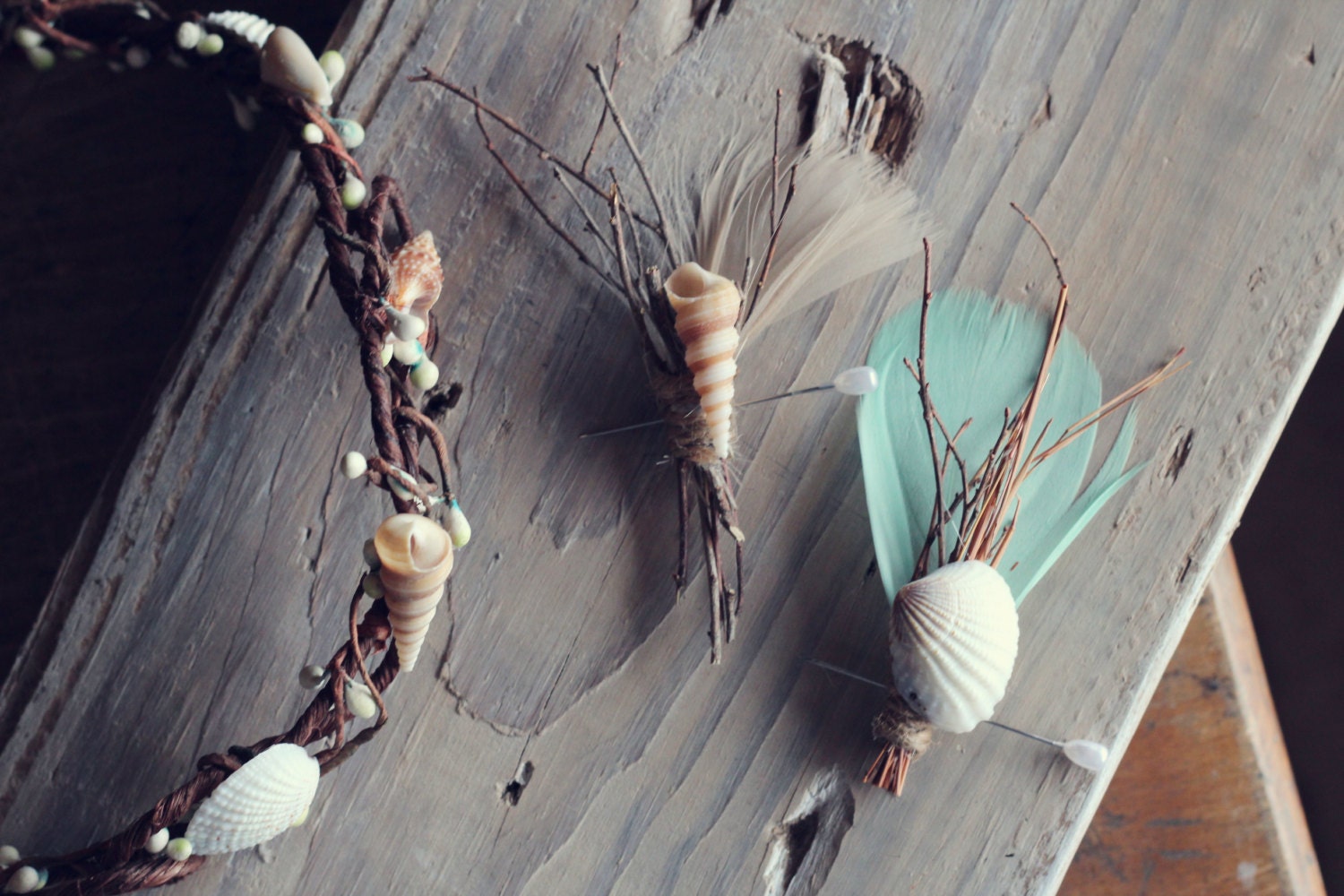 DOVER - set of 2 - mint & sand feather boutonniere, beach boutonnieres, destination wedding boutonnieres, seashell boutonnieres