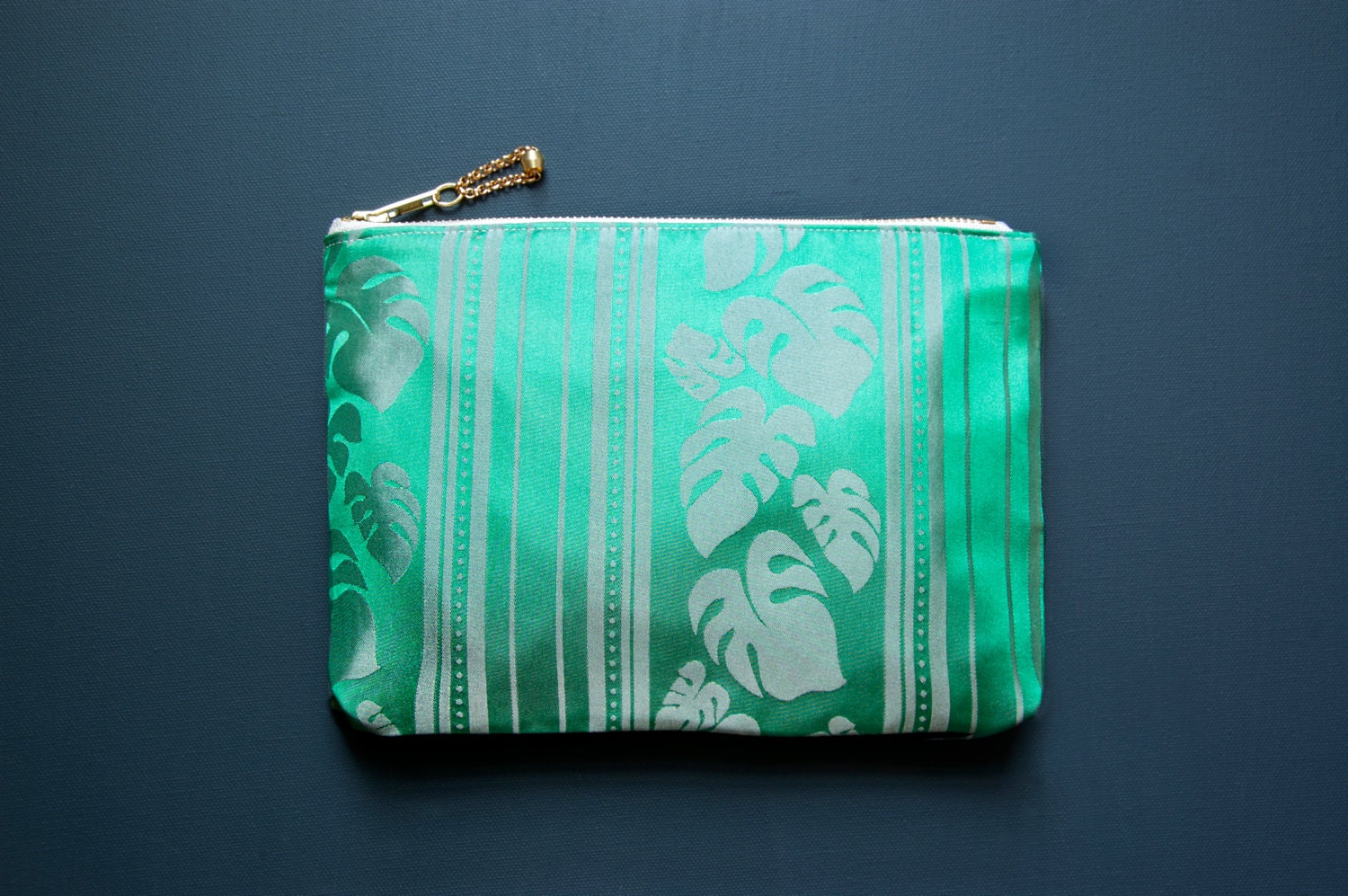 FERN Green Silk Clutch. Emerald Green Silk Cosmetic Bag. Large Make Up Bag. Palm Leaf Clutch