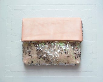 MERMAID Sequin and PEACH Leather Clutch. Metallic Clutch. Leather Envelope Clutch. Peach Leather Clutch