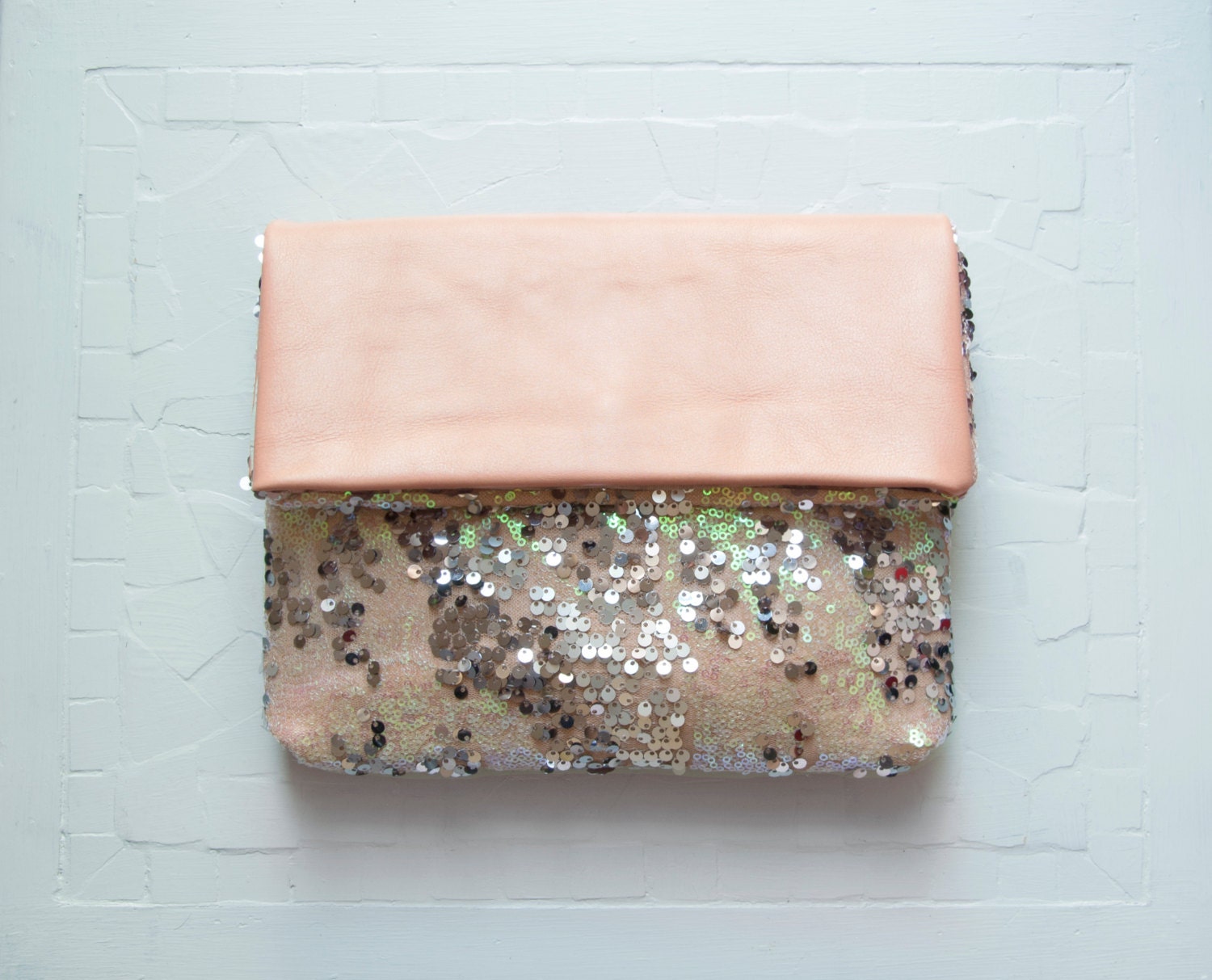 MERMAID Sequin and PEACH Leather Clutch. Metallic Clutch. Leather Envelope Clutch. Peach Leather Clutch