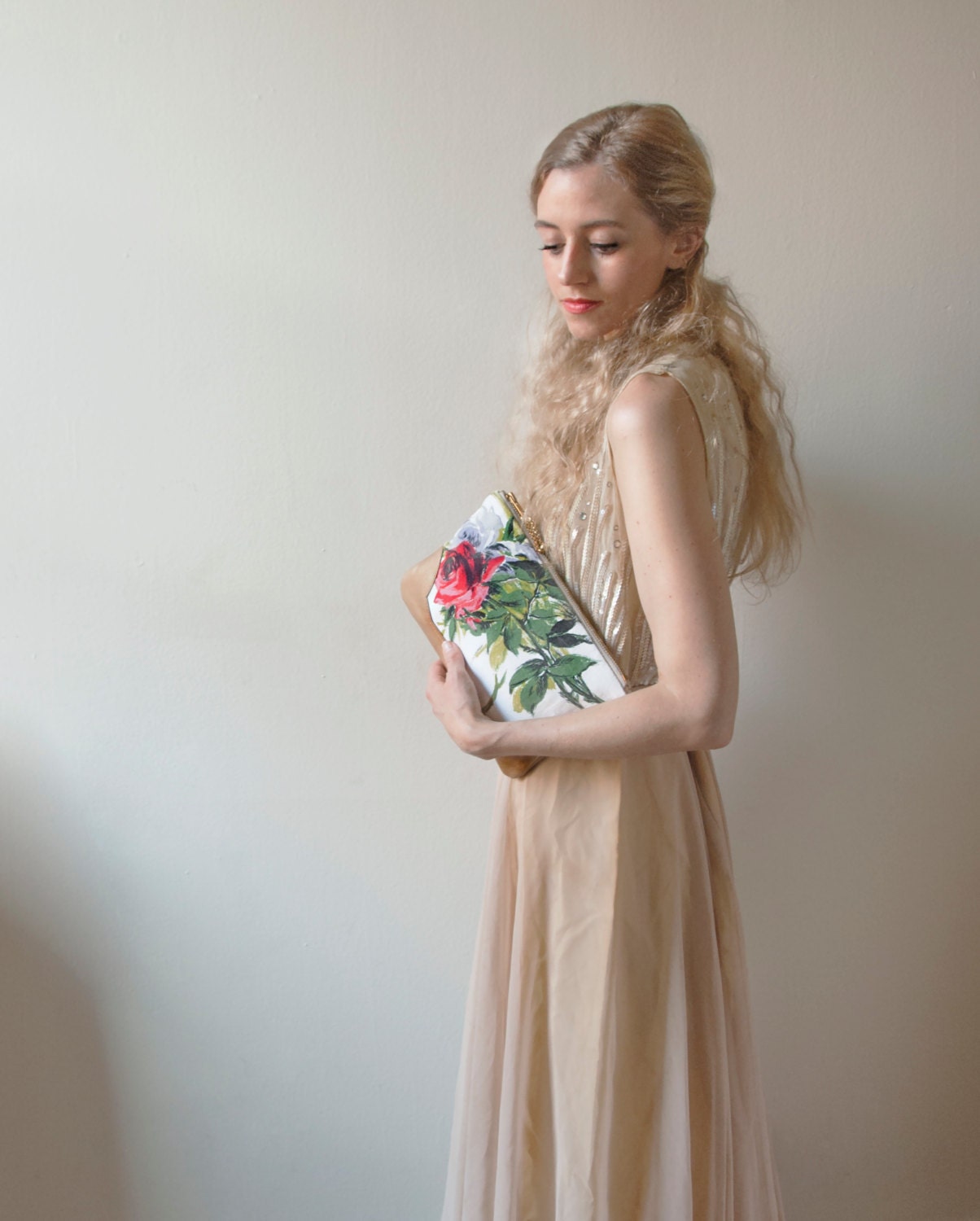 RED ROSE and Gold Leather Clutch. Vintage inspired Wedding Clutch.