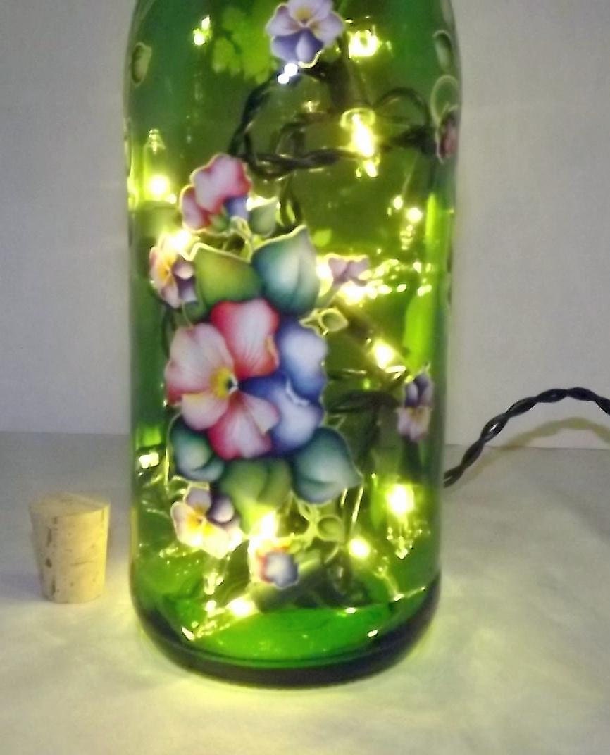 COLORFUL PANSIES Bar/Table Glass Bottle Accent Lamp/Light-Great Gift Idea