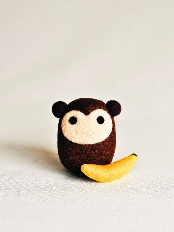 Morton the Monkey with Banana - Needle Felted Wooly Animal Set - Woodland Nature Waldorf Decor Gift Cute Adorable Felt All Natural Wool