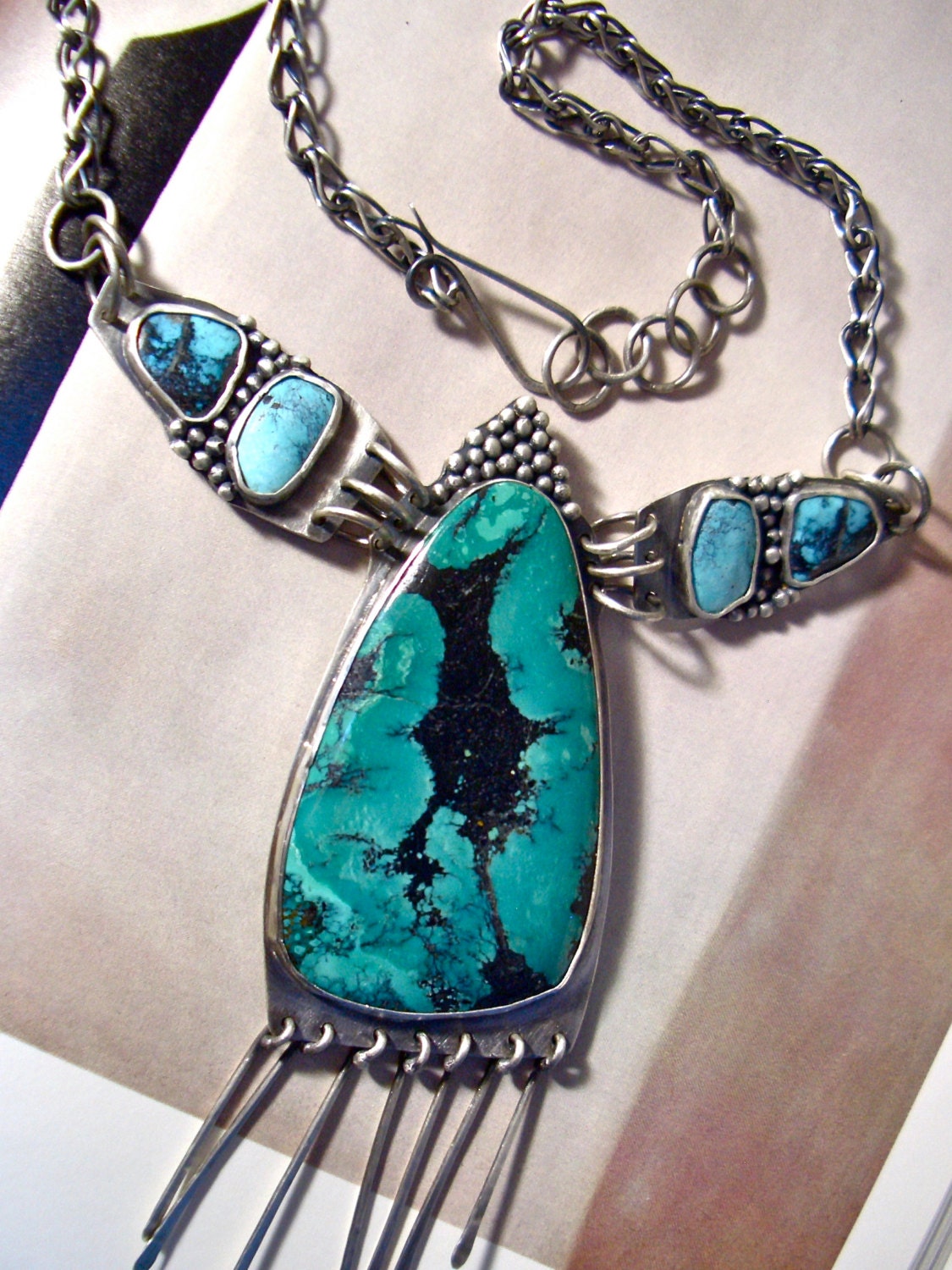 Ancient Valkyrie Statement Necklace in Handmade Silver Detail and Natural Turquoise Stones