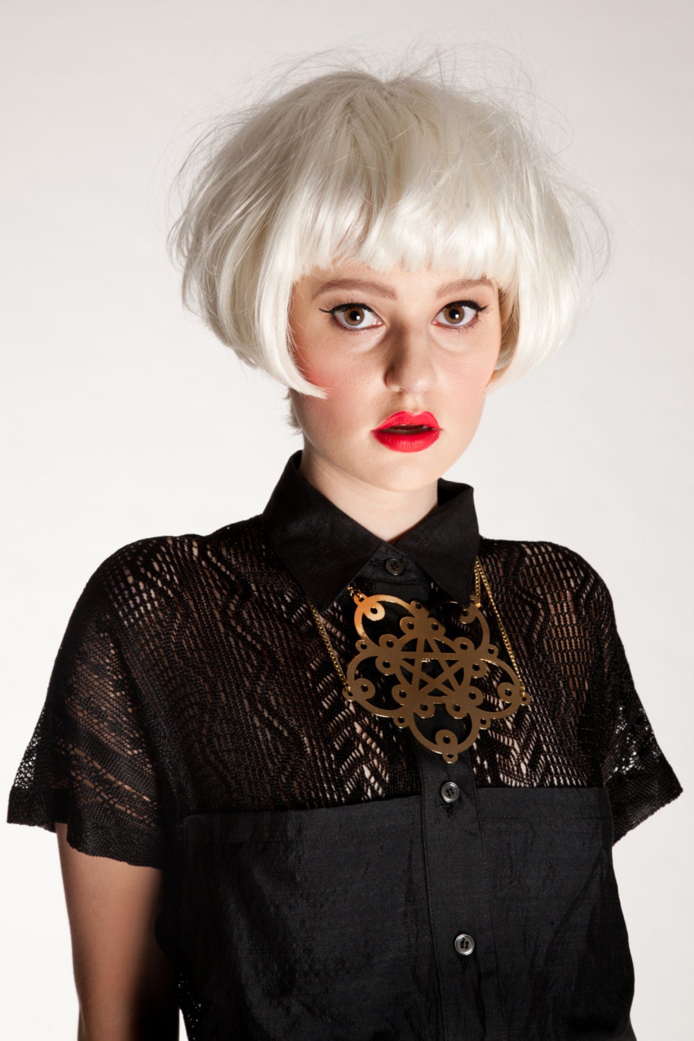 Black Lace Button Down with Silk Color Blocking