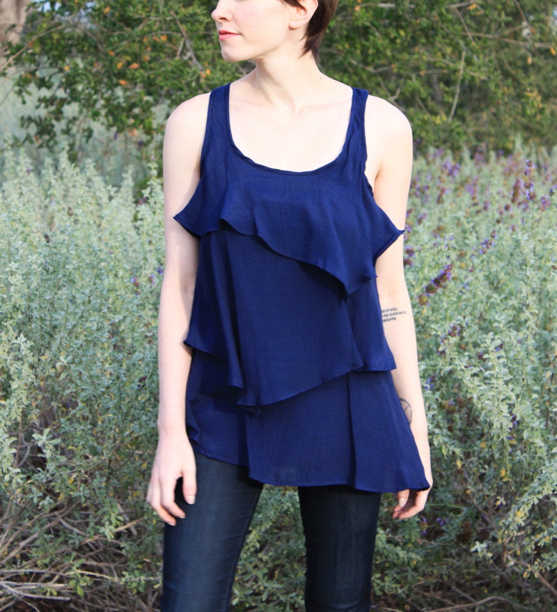 INK - Romantic navy blue flowy tier blouse // tunic // tank top // racerback // classic navy blue // sleeveless
