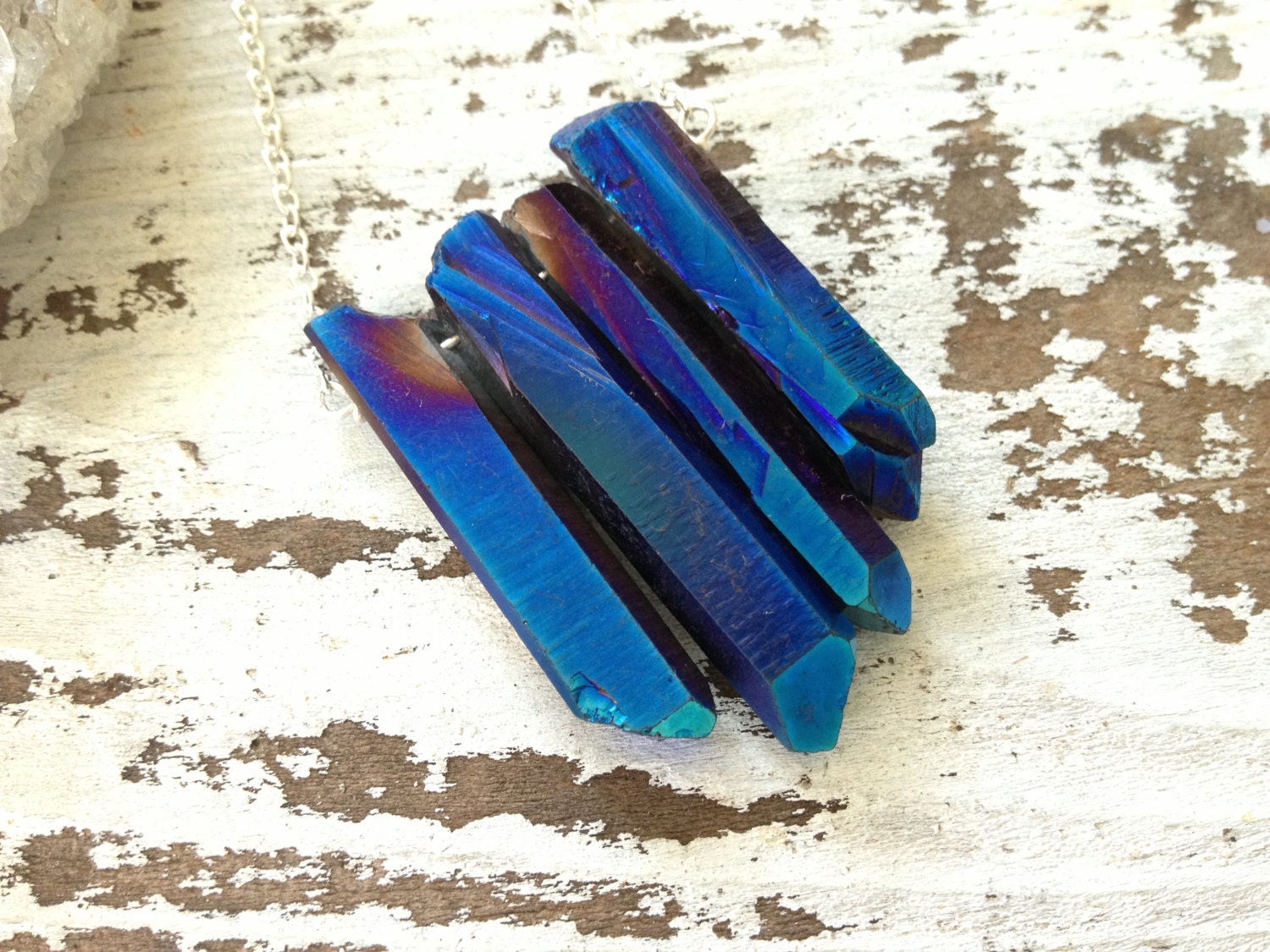STELLA  BLUE / Raw Crystal Layering Necklace - Cobalt Rainbow Aura Druzy Quartz Point Spear Spike Chevron Sheild, Native, Tribal, Boho