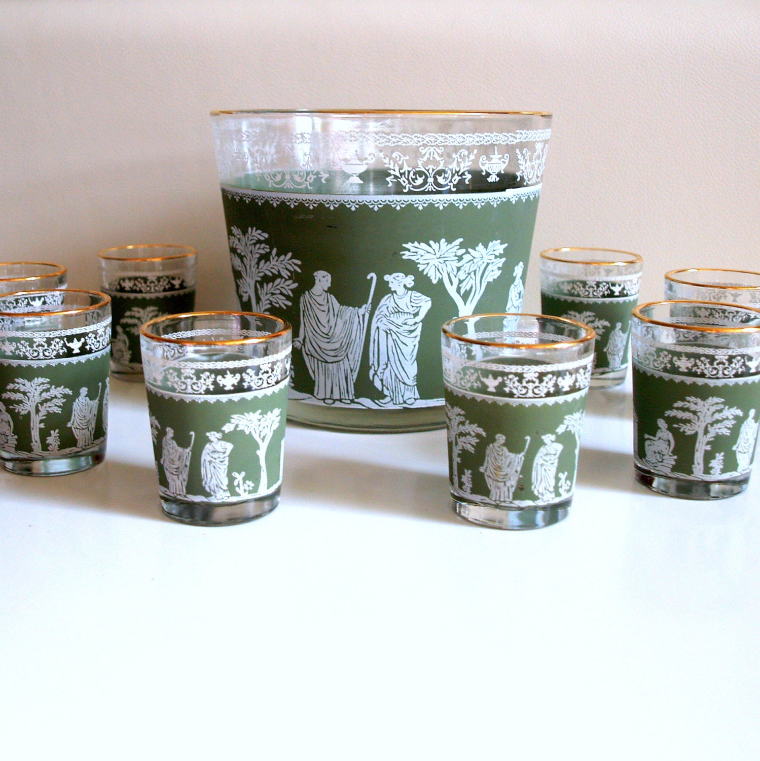 HOLLYWOOD REGENCY BAR Set Neoclassical Barware Vintage 1960s Gold Rim Ice Bucket and 8 Retro Shot Glasses Swank Mad Men Style