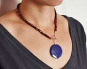 Lapis Lazuli Necklace, Jade Round Stone Necklace, Navy Pendant and Red Jade, Sparkling Cobalt Blue Necklace