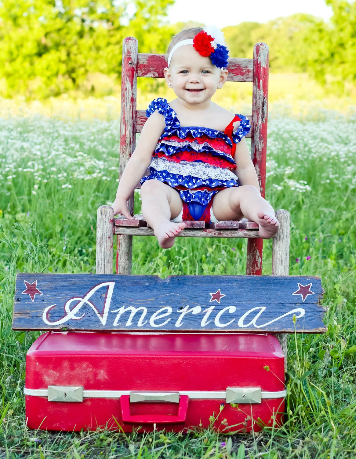 Patriotic Red White and Blue 4th of July Ruffled Lace Petti Romper Photography Prop Photo Shoot