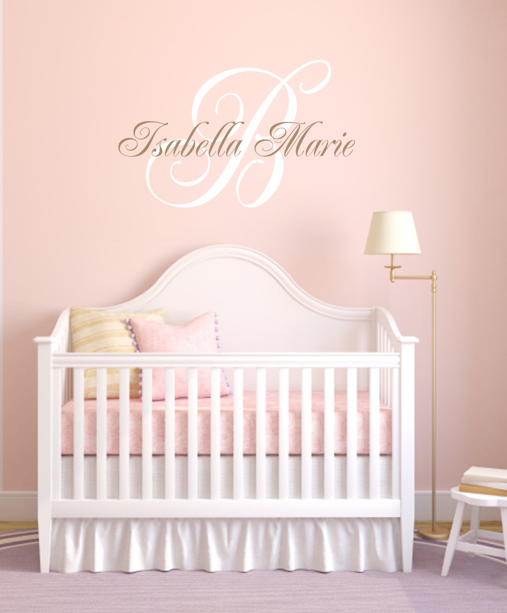 Personalized Initial and Name Vinyl Wall Decal with Monogram Personalized for Baby Nursery Boy or Girl Elegant Script 22"