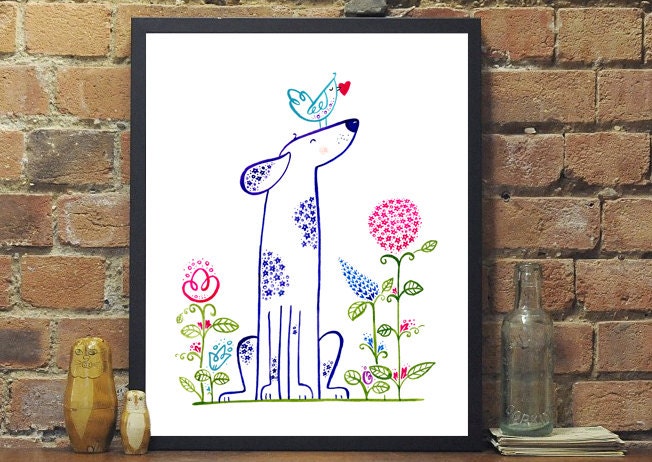 Childrens nursery art print Dog & Bird wall decor