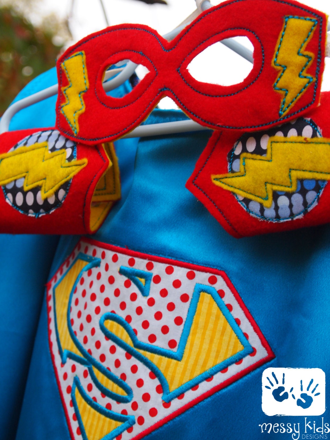 Thwack...Personalized Superhero Reversible Cape, Mask and Cuffs Set in Aqua Blue, Pink or Yellow