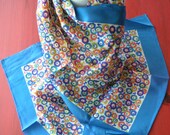 Vintage Long FLORAL Printed Scarf, abstract mod teal blue lime green coral pink plum purple flowers, shiny silky acetate, 60's 70's neckwear
