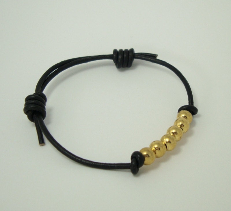 Womens Leather Bracelet - Gold Balls - Adjustable Cuff - Black Leather - Simple Casual Jewelry