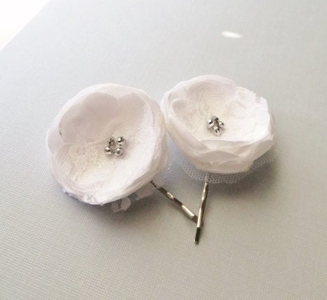 White Lace Bridal Bobby Pins, Small Fabric Flowers, White Satin Flower Hair Clips, Wedding Bride Accessories, Shabby Chic