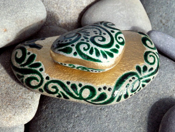 Enchanted Emerald Island / 2 Painted Rocks / Sandi Pike Foundas / Cape Cod Sea Stones